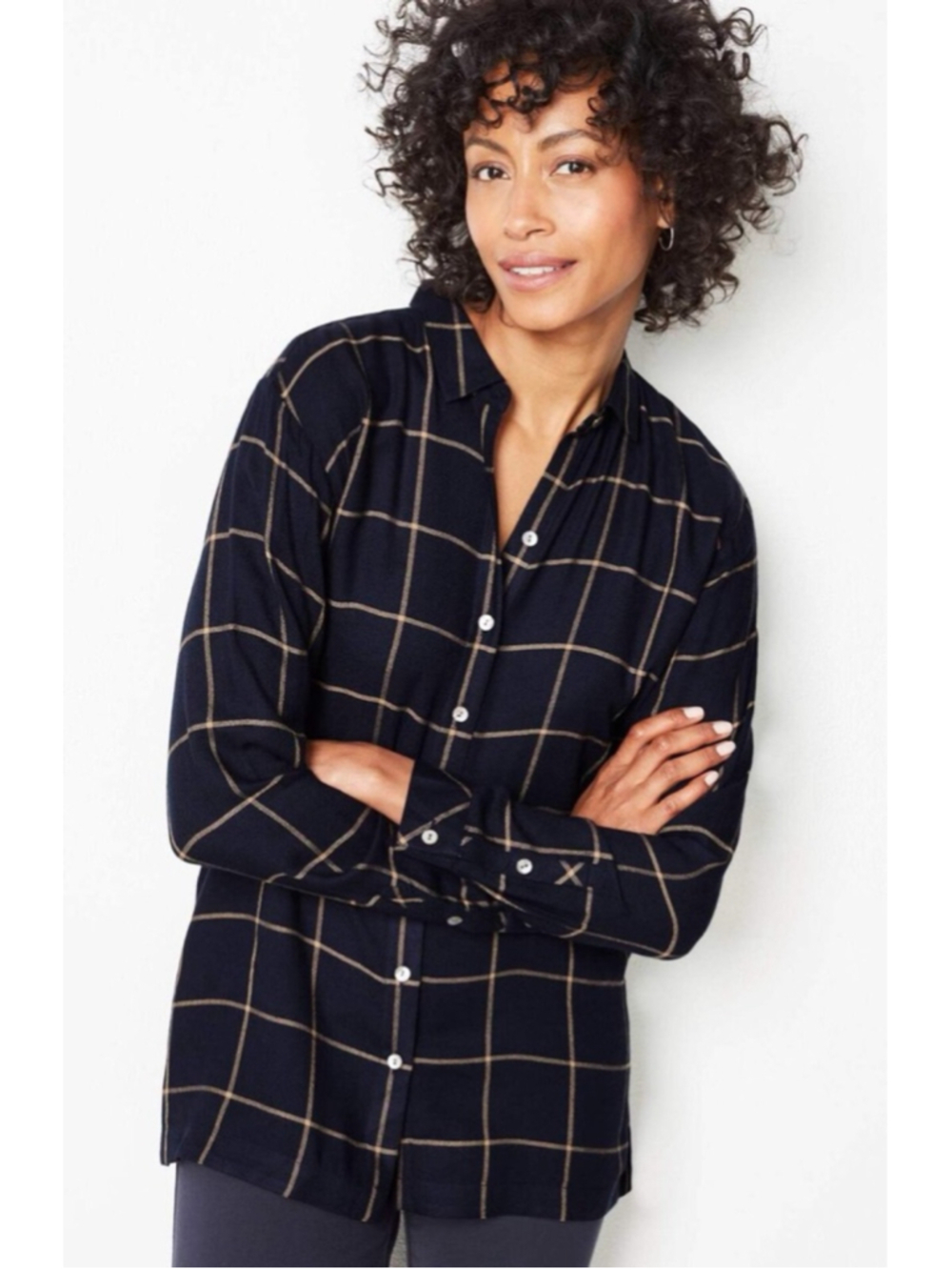 J.Jill Navy Beige Windowpane Plaid Button Down Shirt Women's Plus Size 3X